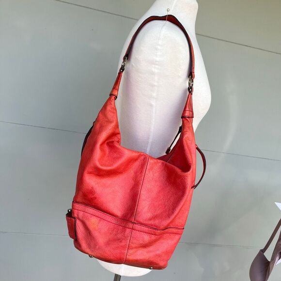VTG B. Makowsky Coral Red Leather Hobo Bag | Slouchy Bucket Shoulder Purse - Picture 10 of 13